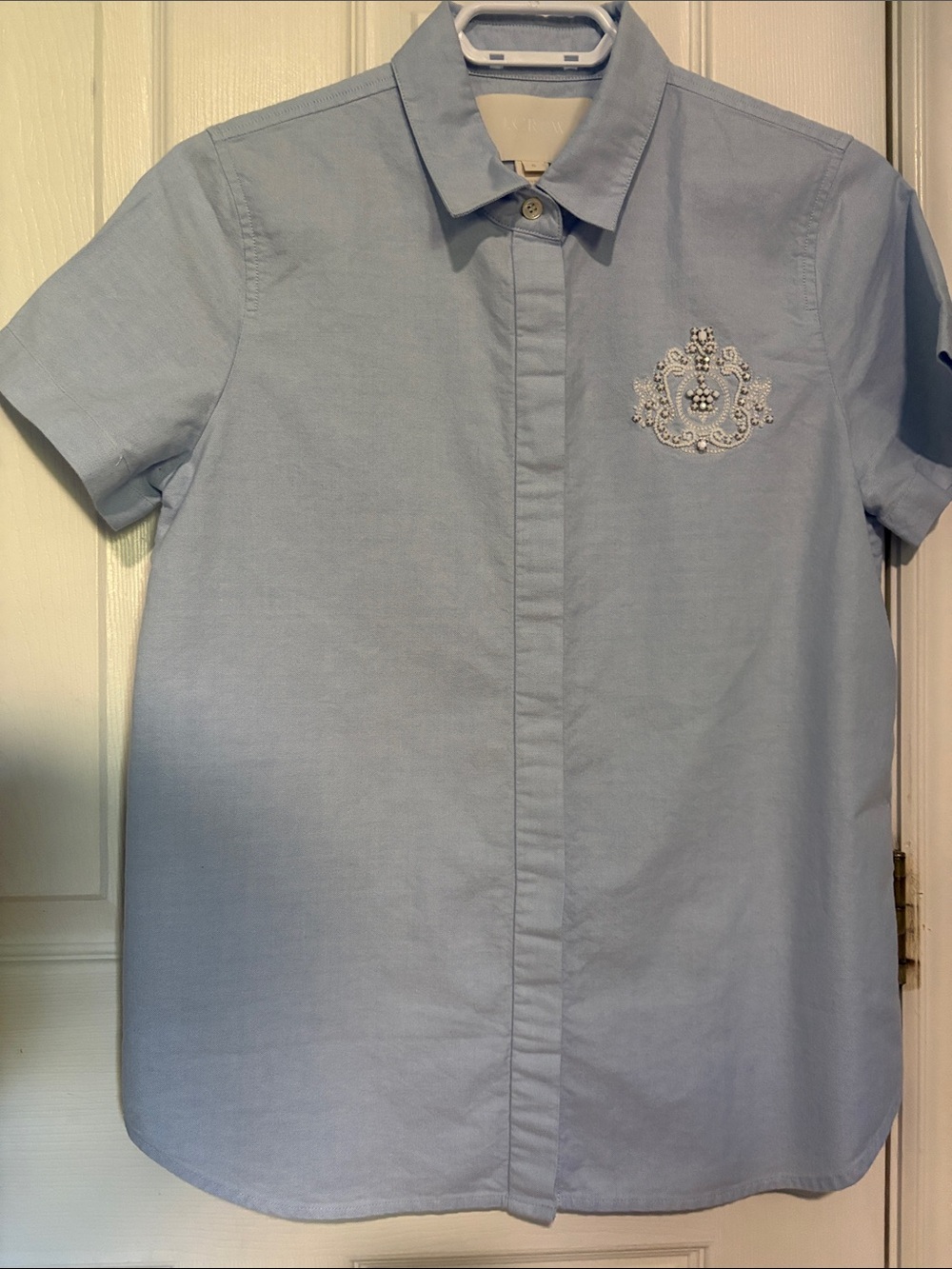 J. Crew Light Blue Short-Sleeve Button-Down Shirt with bedazzled crest